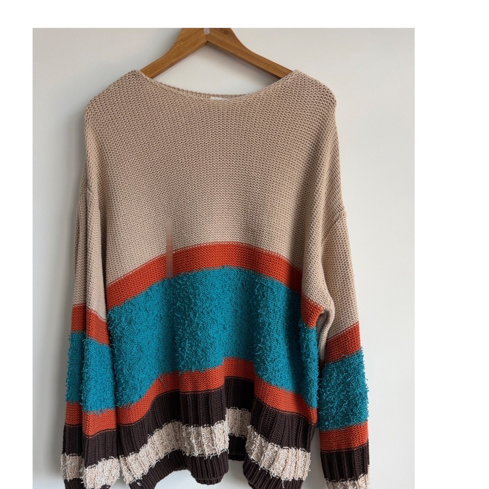 Umgee Women Oversized Textured Striped Sweater 2XL Tan Blue Boho Cardigan Top